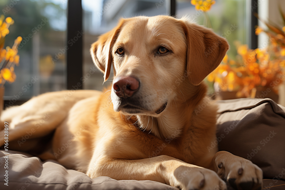 Golden Labrador Retriever Relaxing on a Cushion with Sunlit Autumn Leaves in the Background