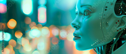 A robot woman s face in a greenish blue color  virtual assistants  AI convenience and productivity
