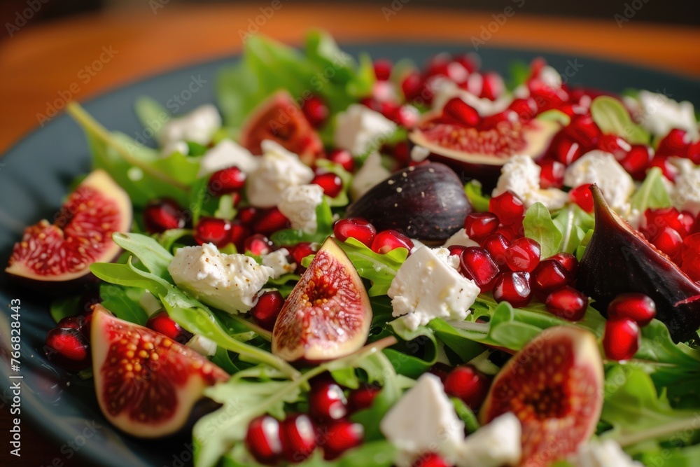 Fresh fig salad with pomegranate seeds, feta cheese, and greens. Fresh fig salad with pomegranate seeds, feta cheese, and greens.