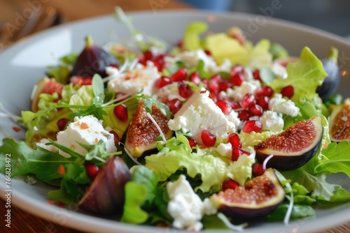Fresh fig salad with pomegranate seeds, feta cheese, and greens.