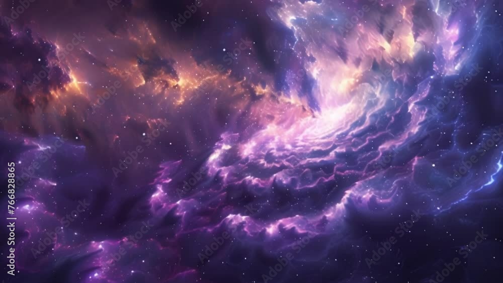 A deep blue and purple nebula swirling with clouds of gas and dust ...