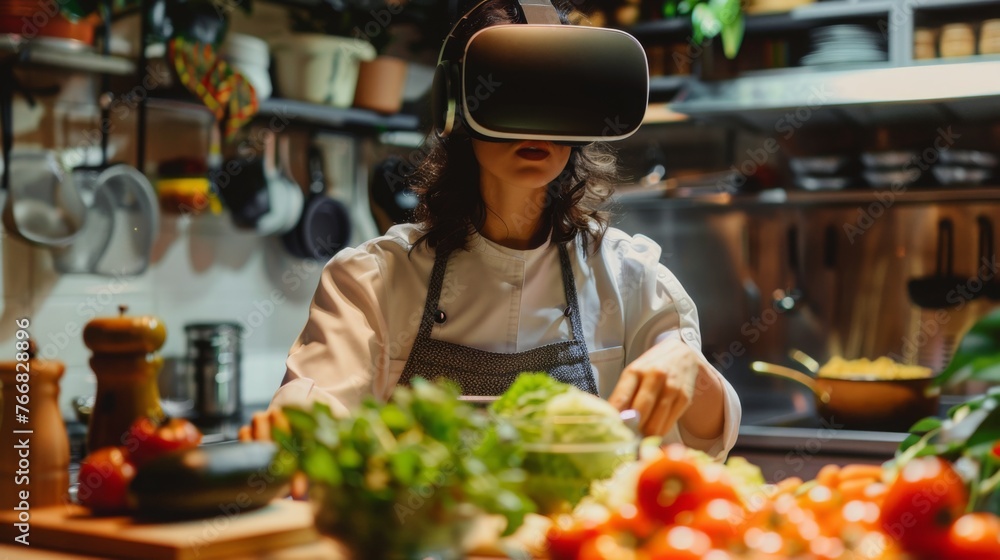 Woman Wearing Virtual Headset in Kitchen