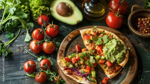 Gourmet pizza with fresh avocado and tomato topping.