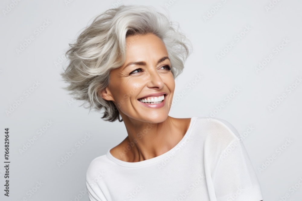 Portrait of happy smiling beautiful middle aged woman, over grey background Portrait of happy smiling beautiful middle aged woman, over grey background