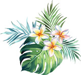 Tropical bouquet. Plumeria, monstera, palm leaf