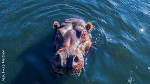 A hippo is swimming in the water with its head above the surface