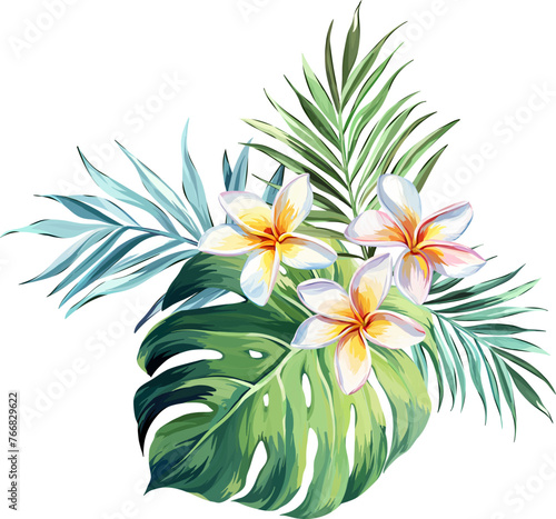 Fototapeta Naklejka Na Ścianę i Meble -  Tropical bouquet. Plumeria, monstera, palm leaf