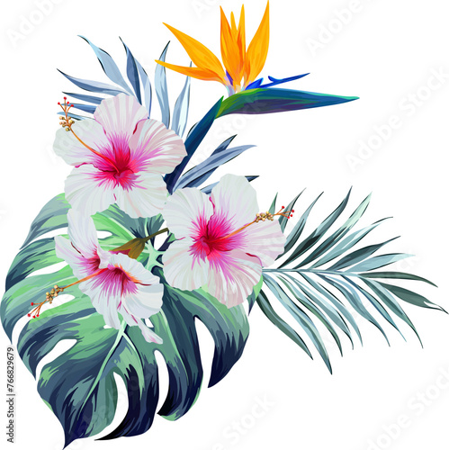 Fototapeta Naklejka Na Ścianę i Meble -  Tropical bouquet. Hibiscus, plumeria, monstera, paradise flower, palm leaf