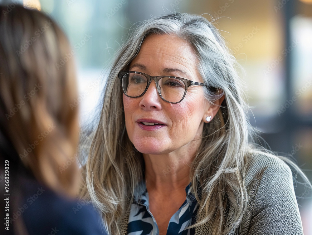 Middle aged professional business woman executive HR manager having job interview or business discussion in corporate office meeting. Middle aged professional business woman executive HR manager having job interview or business discussion in corporate office meeting.