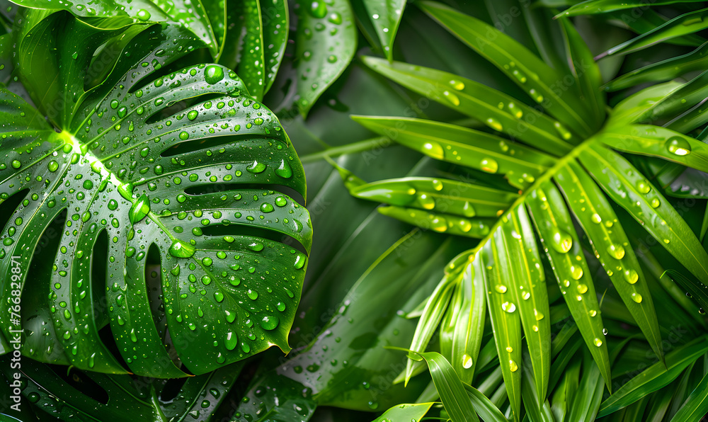 tropical wet bright green leaves background with water droplets fern palm and monstera deliciosa leaf ,Generative AI tropical wet bright green leaves background with water droplets fern palm and monstera deliciosa leaf ,Generative AI