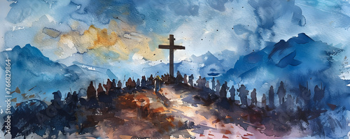 A watercolour painting of the crucifixion on Mount Calvary, representing the solemn and sacred tradition of Good Friday in Christianity.