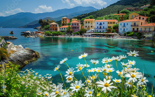 A picturesque view of the colorful houses and lush greenery on the Greek island of Kefalonia, in combination with the clear blue sea, sunny weather, and blooming flowers