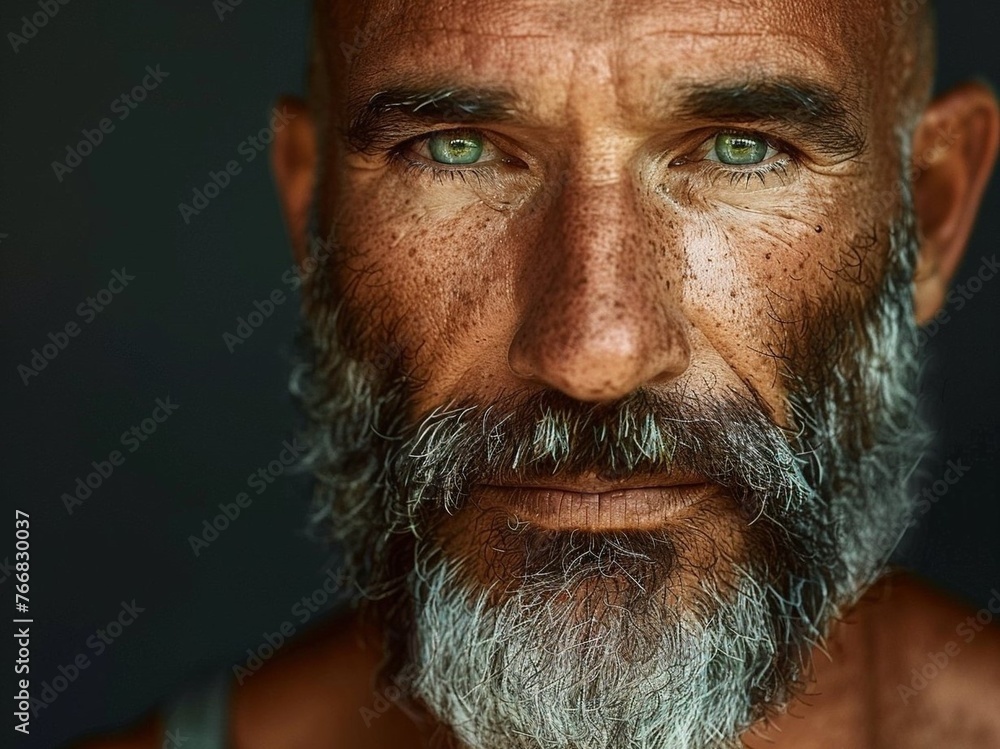 Stunning photos of a mature successful man in high resolution, waist-high, with green eyes, caramel skin, bald with a well-groomed beard Stunning photos of a mature successful man in high resolution, waist-high, with green eyes, caramel skin, bald with a well-groomed beard