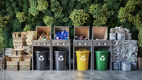 Eco-Friendly Recycling Station with Sorted Bins and Recyclable Materials