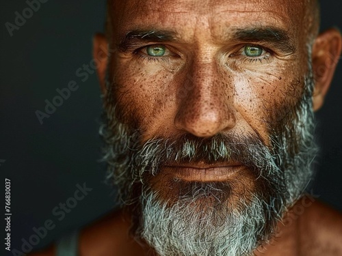 Stunning photos of a mature successful man in high resolution, waist-high, with green eyes, caramel skin, bald with a well-groomed beard © Iulia