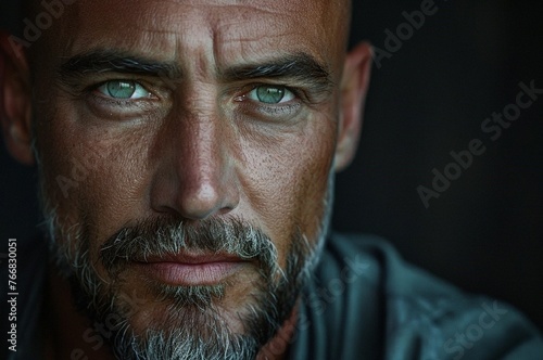 Stunning photos of a mature successful man in high resolution, waist-high, with green eyes, caramel skin, bald with a well-groomed beard © Iulia