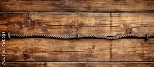 A brown barbed wire fence is hanging on a wooden wall made of hardwood planks with a wood stain finish. The wall is constructed using plywood building material in a rectangular pattern