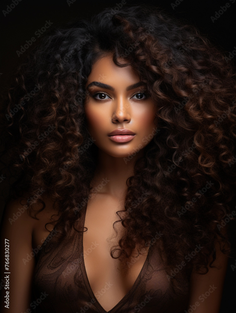 Portrait of a beautiful African woman with curly hair on dark background, front view Portrait of a beautiful African woman with curly hair on dark background, front view