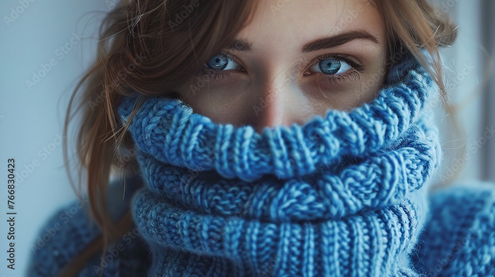 blue turtleneck woman sad and lonely with knitted sweater in winter cold covering face with depression blue turtleneck woman sad and lonely with knitted sweater in winter cold covering face with depression