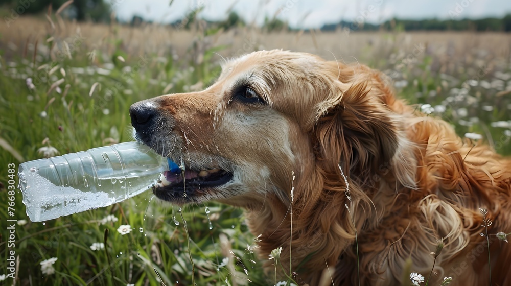Thirsty dog is drinking water from bottle in a hot day Thirsty dog is drinking water from bottle in a hot day