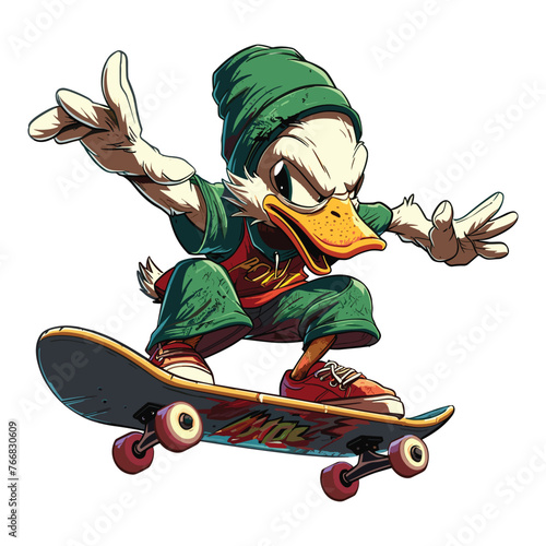 A duck-themed cartoon character skateboarding with expressive facial features, styled in emerald and crimson, avian-themed, kombuchapunk illustration with yankeecore influences. photo