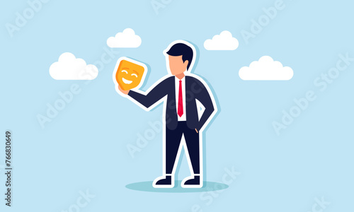 Imposter syndrome, deceit, fraudulent business practices, hypocrisy, dishonesty, fake dealings, concept of Despondent businessman a smiling mask contemplates impersonation or adopting another identity
