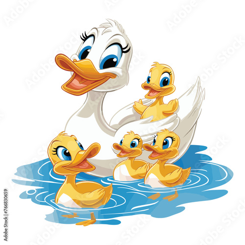 Vector illustration of a mother duck swimming with her ducklings against a white backdrop.