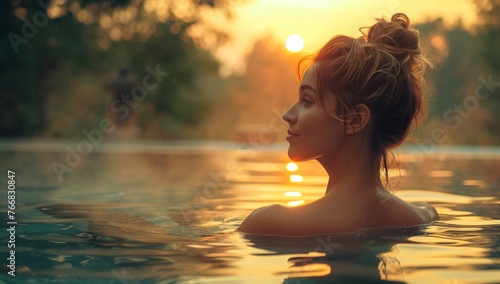A happy woman is swimming in a pool surrounded by trees and plants, enjoying the beautiful natural landscape at sunset, with the sky turning colorful in the background