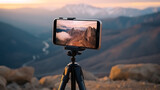 Close-up Smartphone take a Mountians Landscape photo and video timelapse on stand  