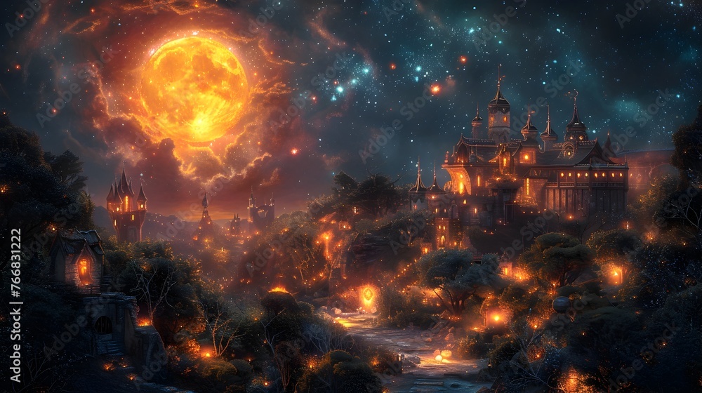 Fiery Cosmic Explosion Engulfing Fantastical Castle Ruins in Dramatic Apocalyptic Landscape
