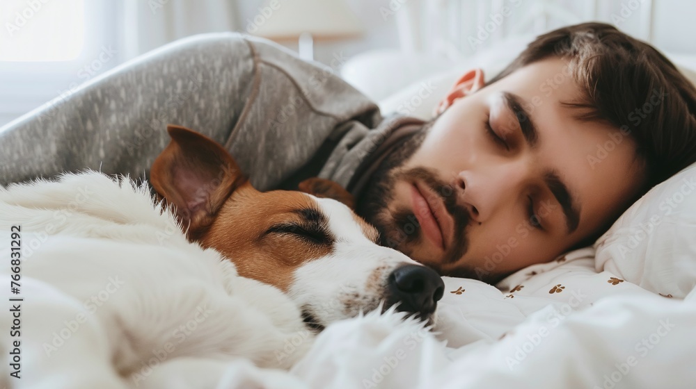 young man and dog sharing a restful nap in a white bed at home, demonstrating a cozy and affectionate relationship in a calm and domestic setting young man and dog sharing a restful nap in a white bed at home, demonstrating a cozy and affectionate relationship in a calm and domestic setting