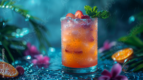 Strawberry Garnished Cocktail With Raindrops And Tropical Flowers