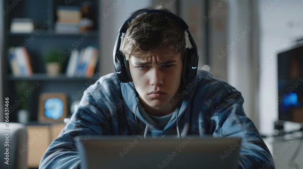 upset teenage boy playing a computer game on a laptop at home with headphones on, experiencing frustration and anger after a game loss and dealing with school or family issues upset teenage boy playing a computer game on a laptop at home with headphones on, experiencing frustration and anger after a game loss and dealing with school or family issues