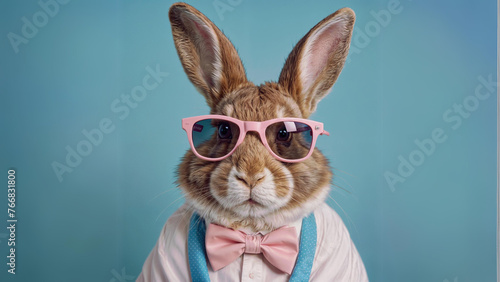 Cool bunny with sunglasses on colorful background. Generative Ai