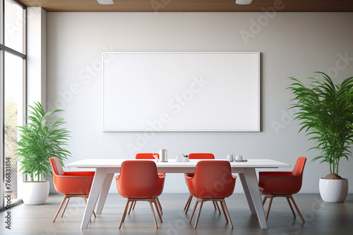 A sleek, modern meeting room setup highlighted by an empty, white picture frame, adding a touch of elegance to the vibrant surroundings.