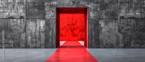 A red door stands out against a concrete wall, drawing attention to its vibrant color The contrast between the two elements creates an