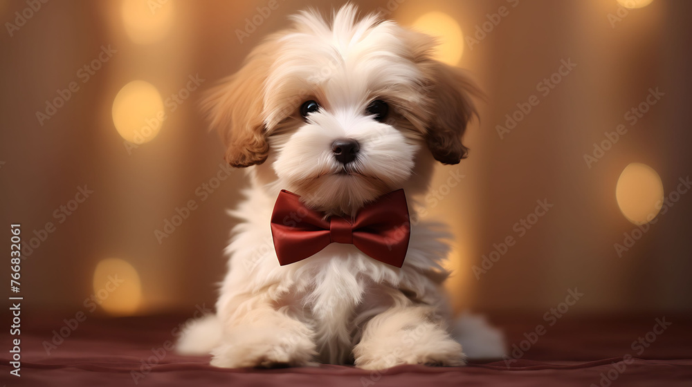 Cute tiny lapdog white brown color hair sit relax studio shot with bow tie whihe background 