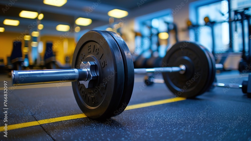 Fototapeta premium horizontal banner of a barbell on the floor in the gym featuring weightlifting and strength training equipment highlighting the fitness benefits of gym workouts bodybuilding and muscle