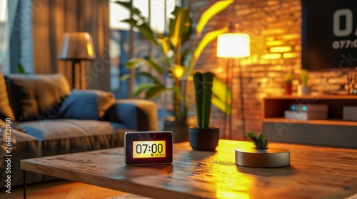 Smart Alarm Clock on Wooden Table in Warmly Lit Living Room. Generative ai