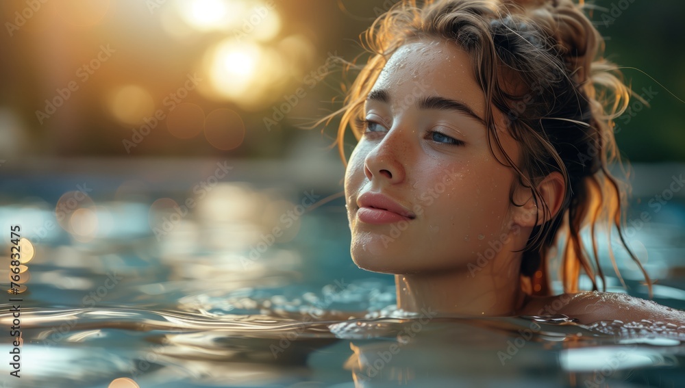 A woman is leisurely soaking in the water of a swimming pool, enjoying the fluidity around her. She feels happy and relaxed, with a flash of excitement in her eye
