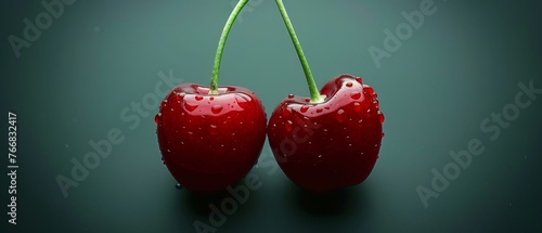  Two Black Cherries with Water Droplets and Green Stem on Black Background © Albert