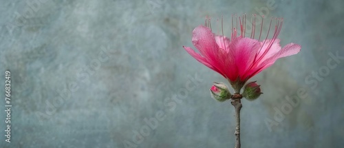   Pink flower close-up on stem, blue wall background © Albert