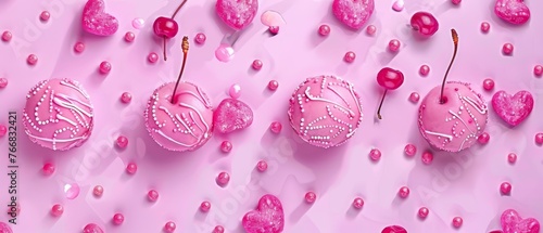   Pink heart candies on pink surface with hearts scattered around on pink background © Albert