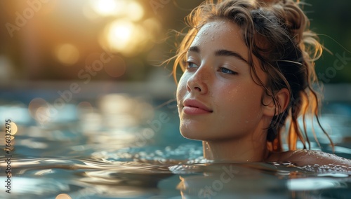 A woman is leisurely soaking in the water of a swimming pool  enjoying the fluidity around her. She feels happy and relaxed  with a flash of excitement in her eye