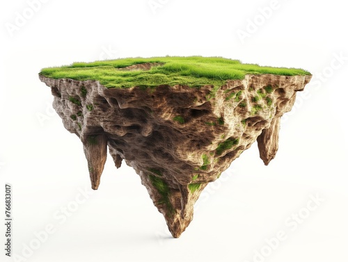 Isolated floating landmass with grass on top against a white background, concept of fantasy and surreal nature.