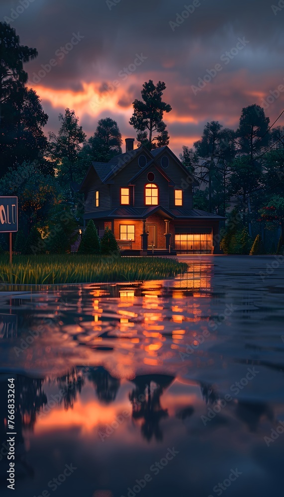 Fototapeta premium A picturesque house by rain on the street reflects its warm glowing lights at dusk, with dramatic sunset clouds overhead.