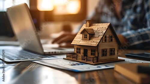 A real estate professional is focused on work at their desk with a laptop, documents, and a small wooden house model, symbolizing property management or sales. photo