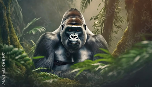 Portrait of a Slverback gorilla sitting in the misty jungle or forest.
