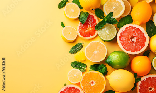 yellow summer concept top view of colorful citrus fruits orange lemon lime grapefruit and mint leaves  Generative AI
