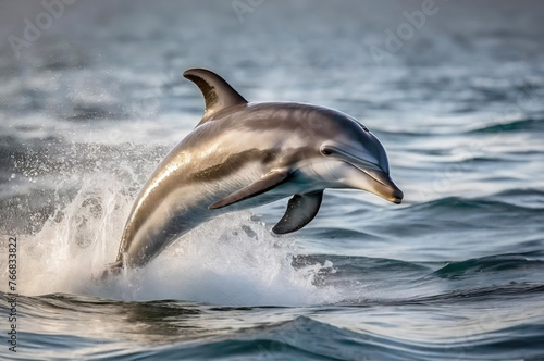Lovely Bottlenosed Dolphin jumping in vibrant ocean waters. © Cagkan